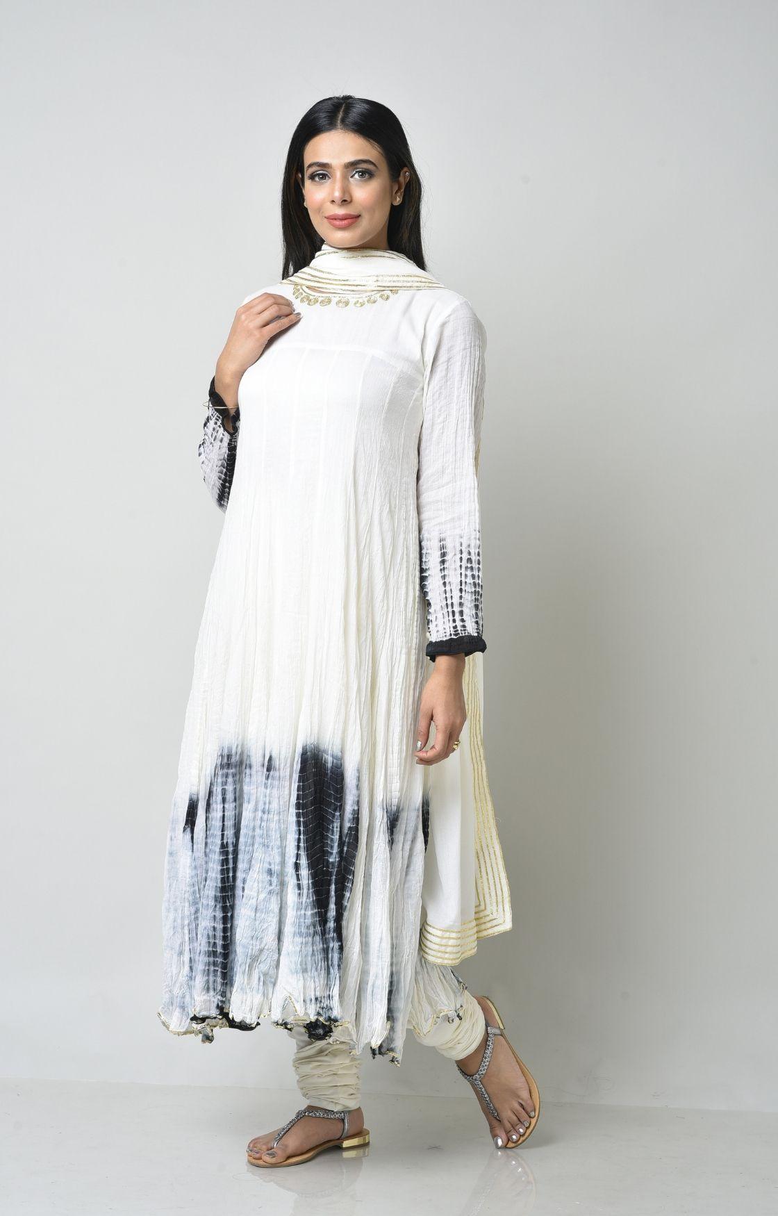 White Black Tie Dye Crinkled Kurta Set