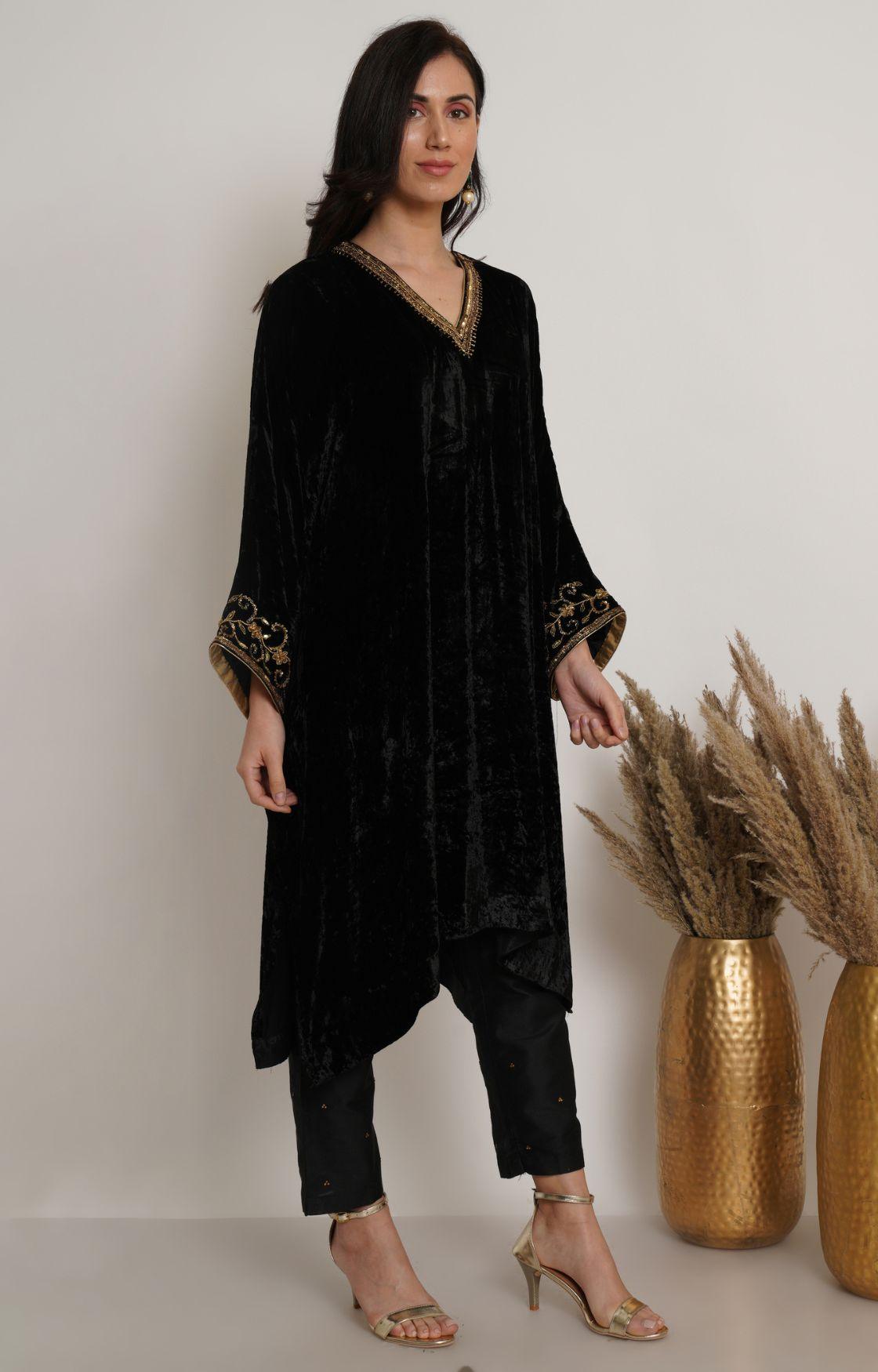 Black Velvet Embroidered Kaftan Set of 2