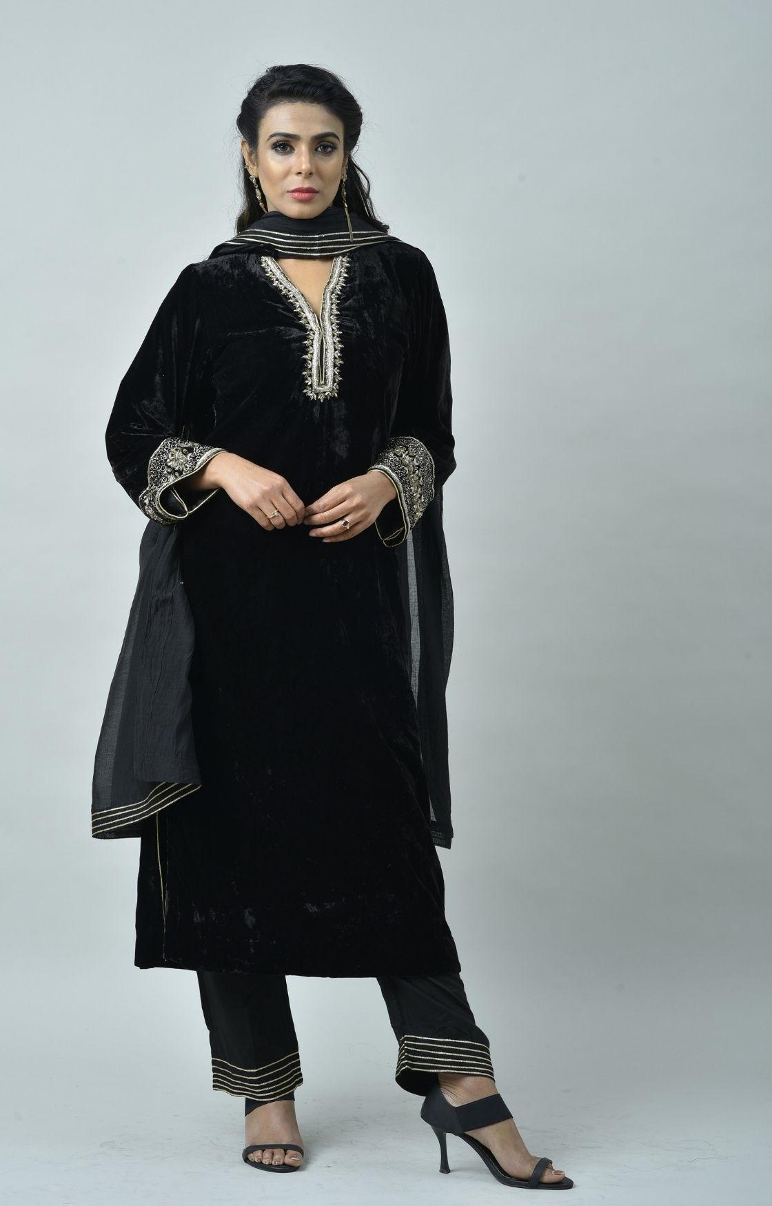 Black Velvet Kurta Set of 3