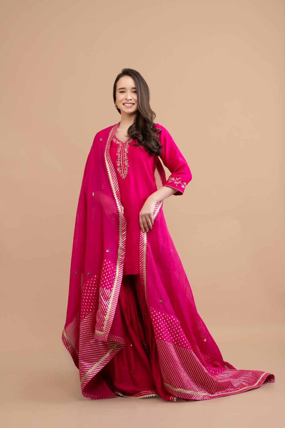 FUCHSIA PINK CHANDERI SHARARA SET OF 3
