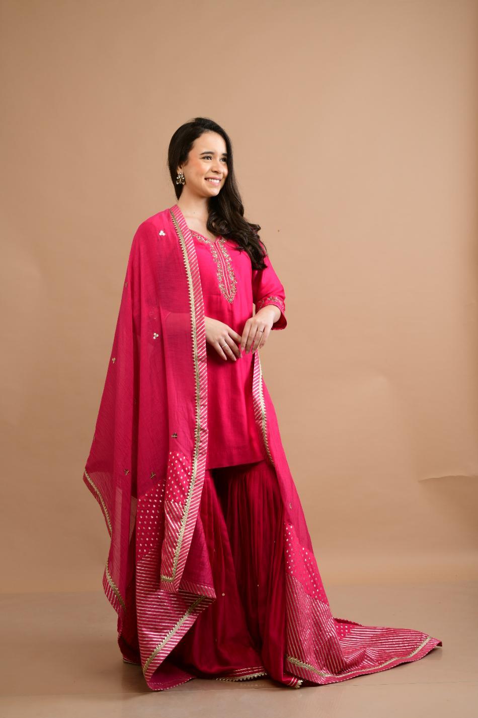 FUCHSIA PINK CHANDERI SHARARA SET OF 3