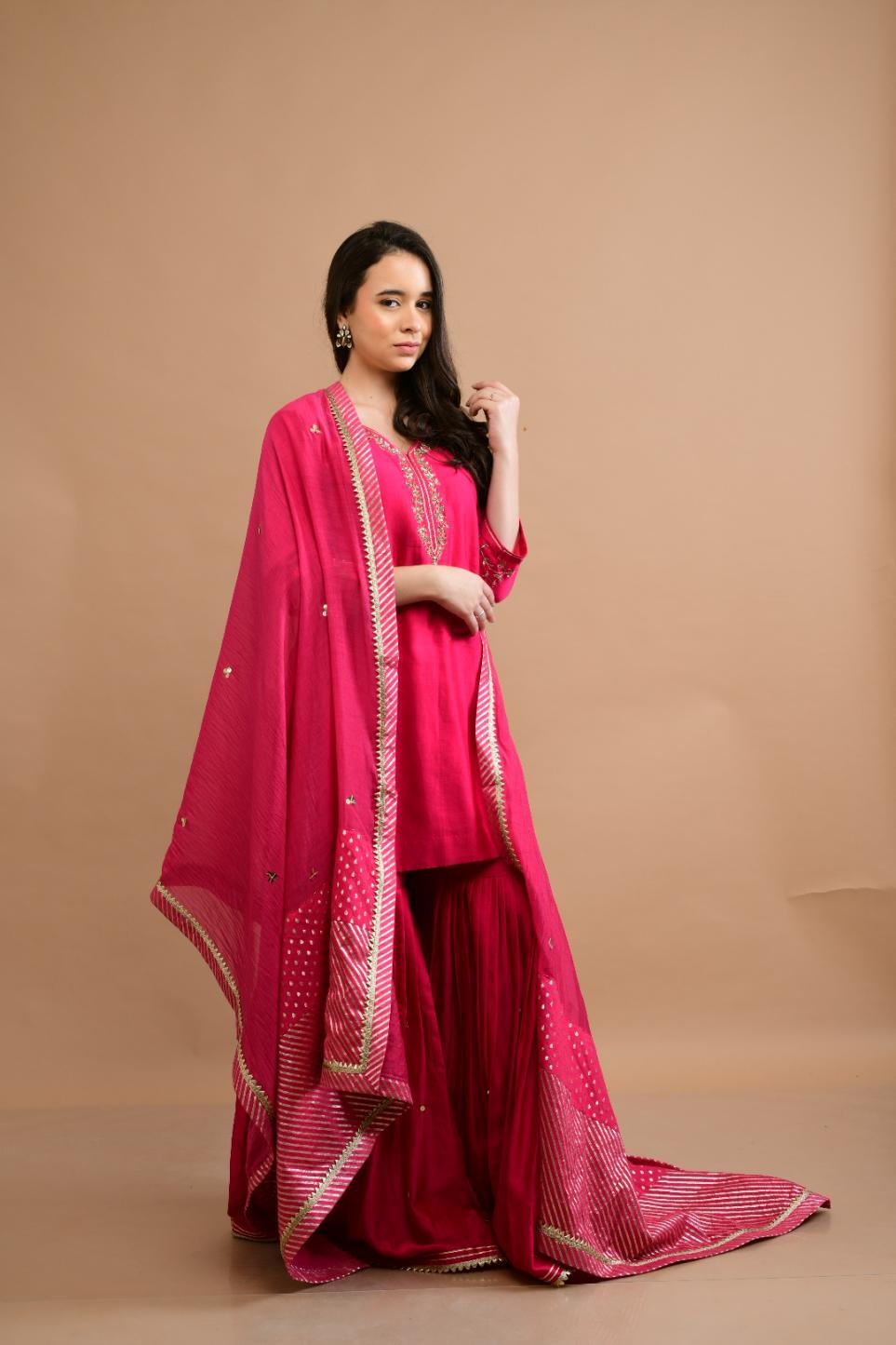 FUCHSIA PINK CHANDERI SHARARA SET OF 3