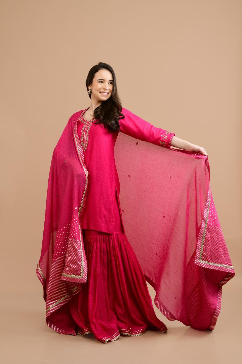 FUCHSIA PINK CHANDERI SHARARA SET OF 3