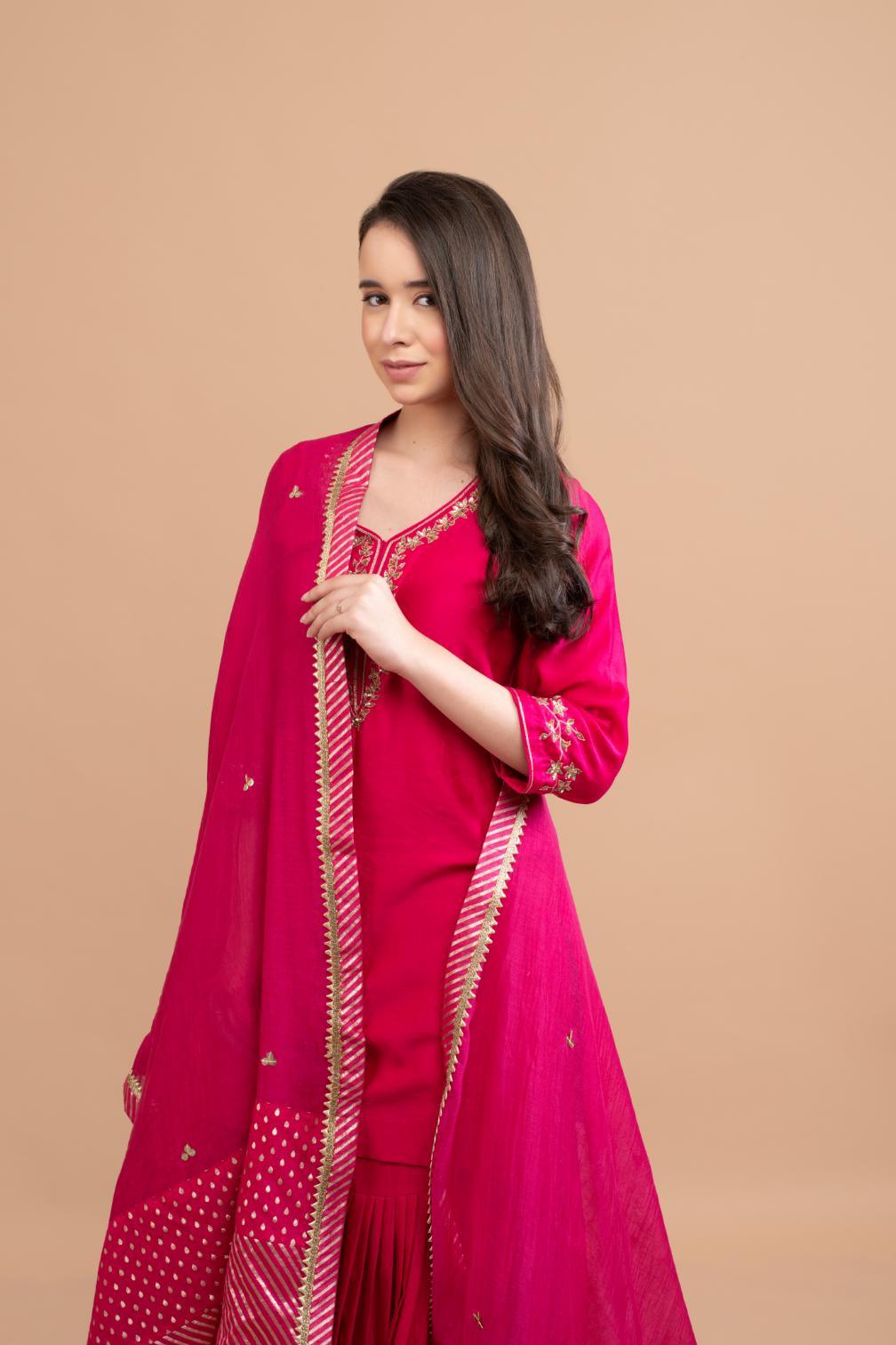 FUCHSIA PINK CHANDERI SHARARA SET OF 3