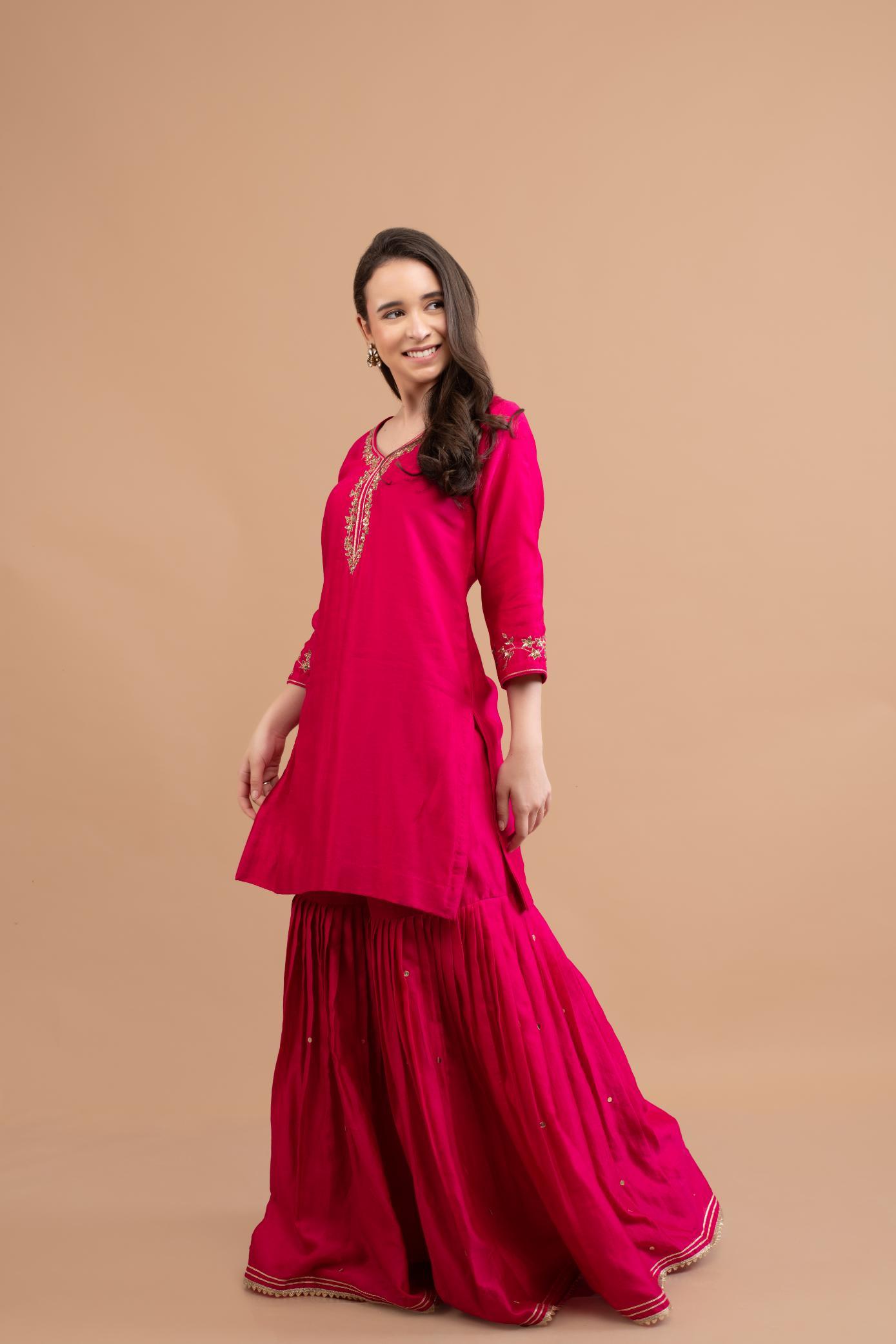 FUCHSIA PINK CHANDERI SHARARA SET OF 3