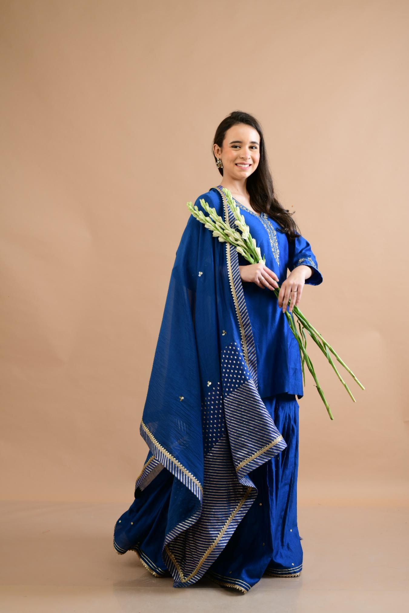 ROYAL BLUE CHANDERI SHARARA SET OF 3