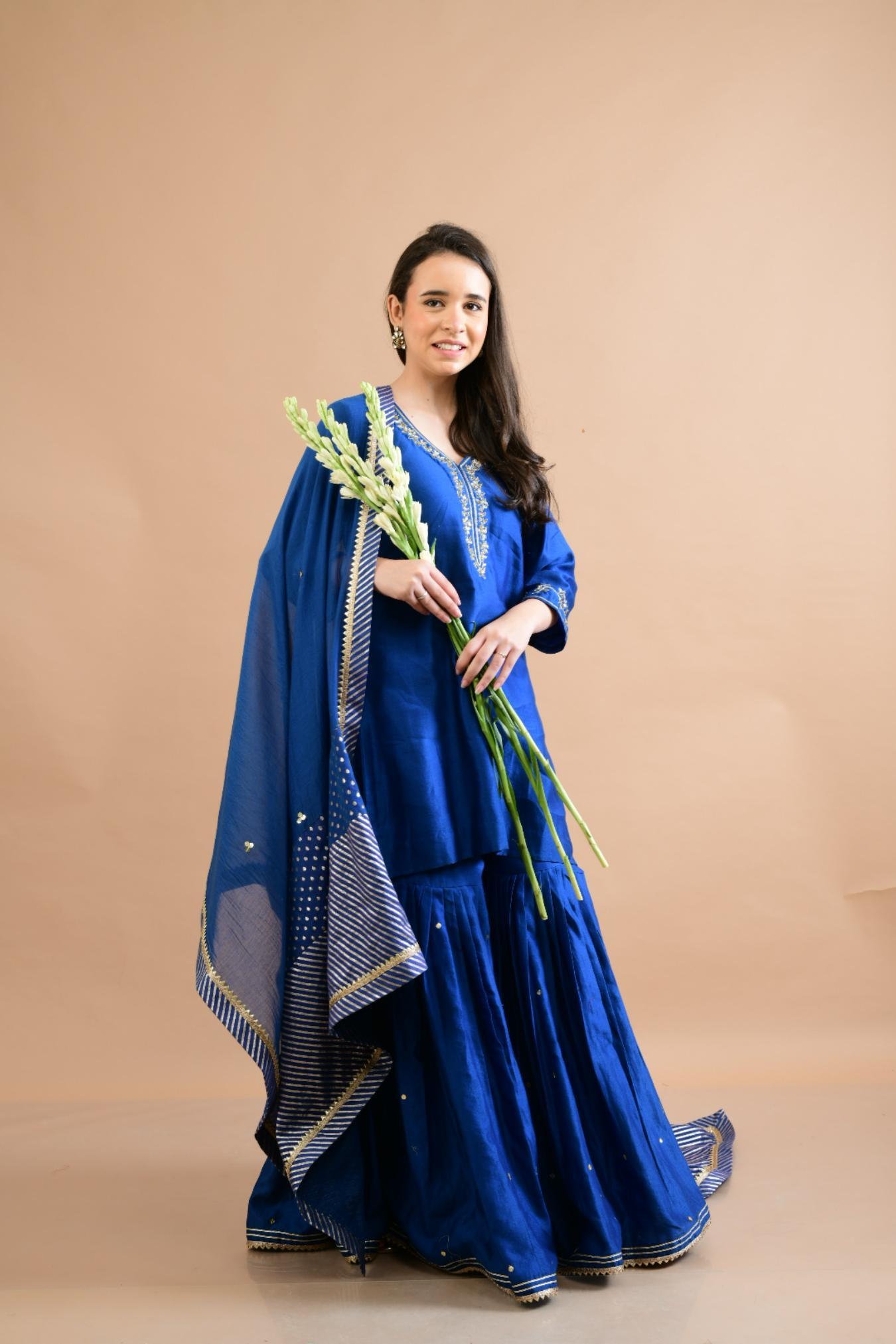 ROYAL BLUE CHANDERI SHARARA SET OF 3