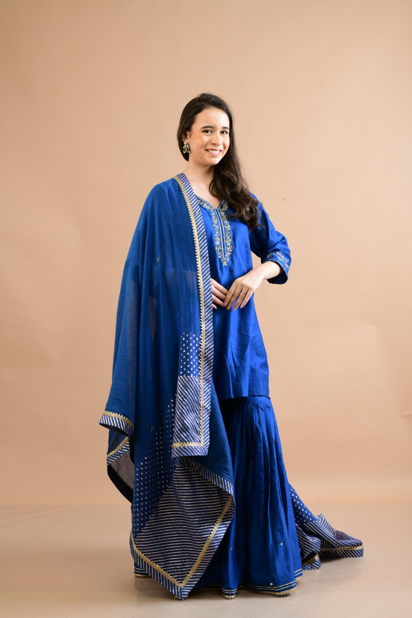 ROYAL BLUE CHANDERI SHARARA SET OF 3