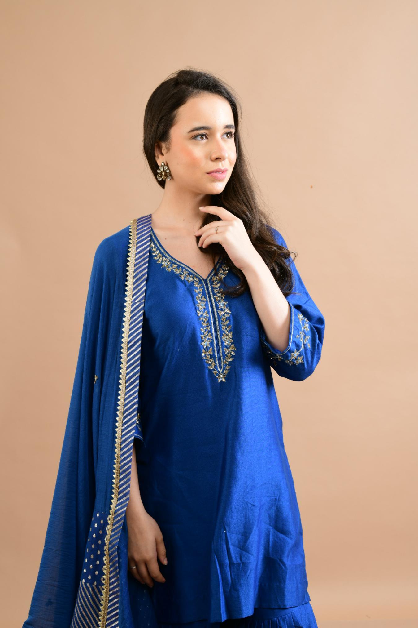 ROYAL BLUE CHANDERI SHARARA SET OF 3