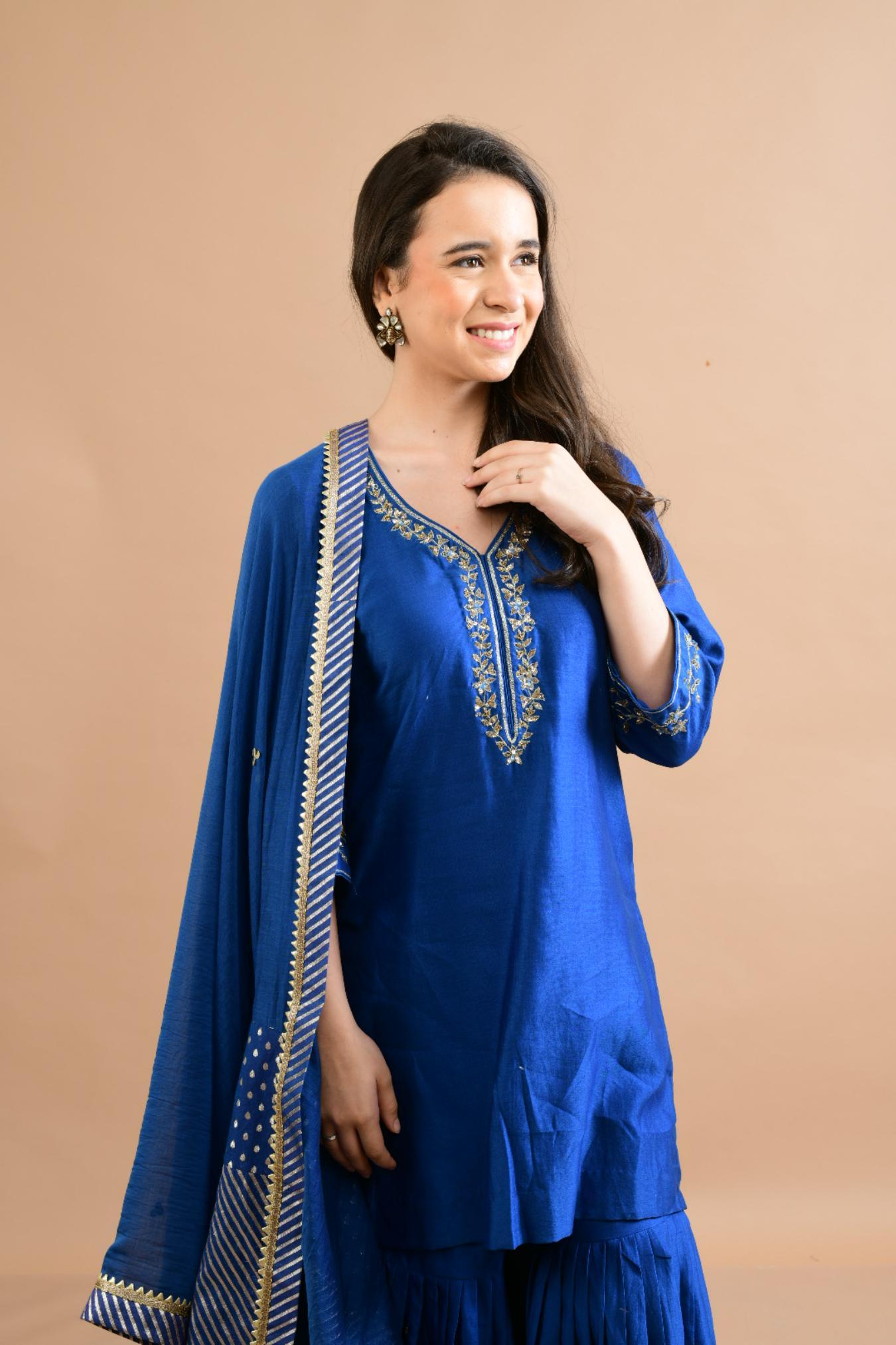 ROYAL BLUE CHANDERI SHARARA SET OF 3