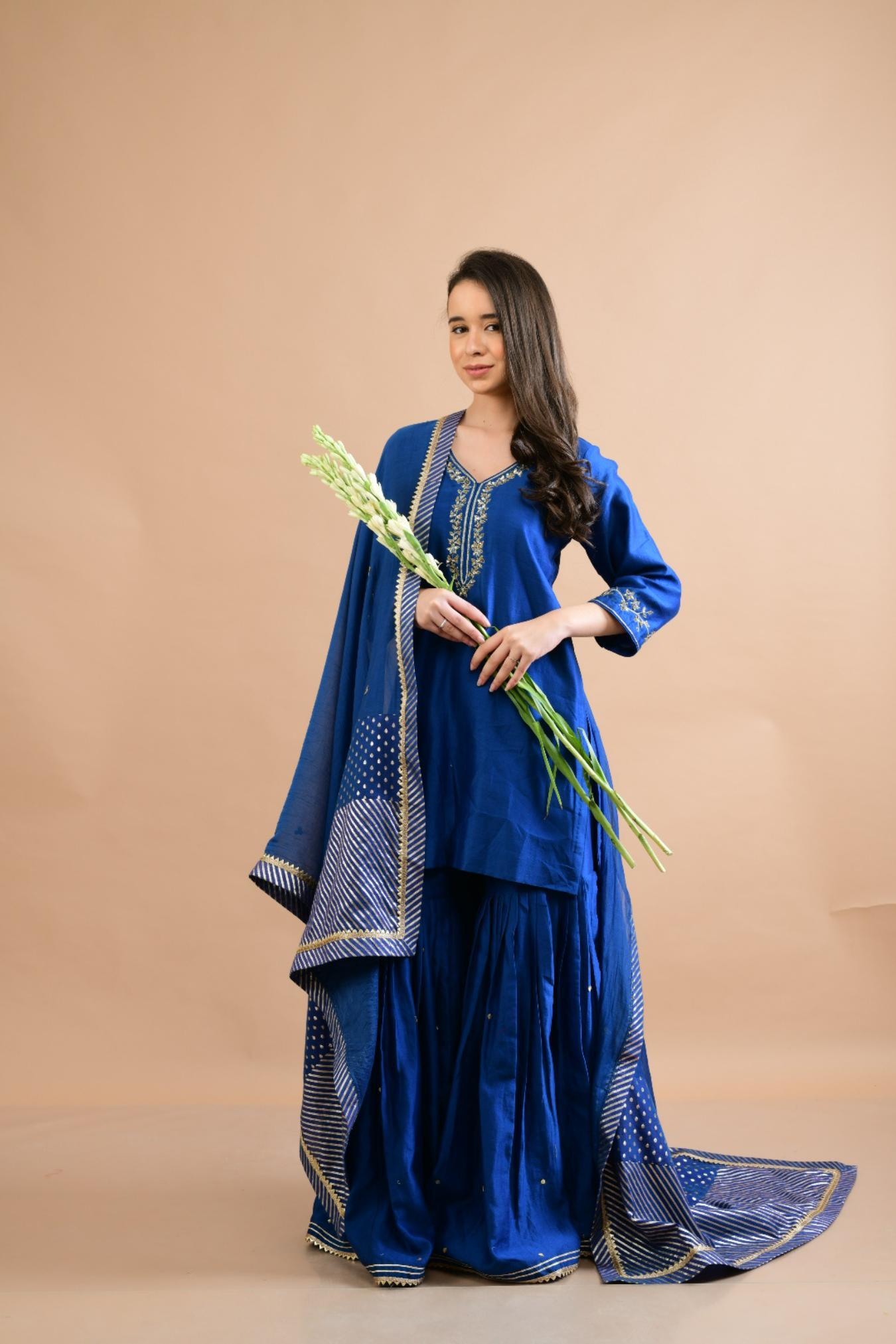 ROYAL BLUE CHANDERI SHARARA SET OF 3