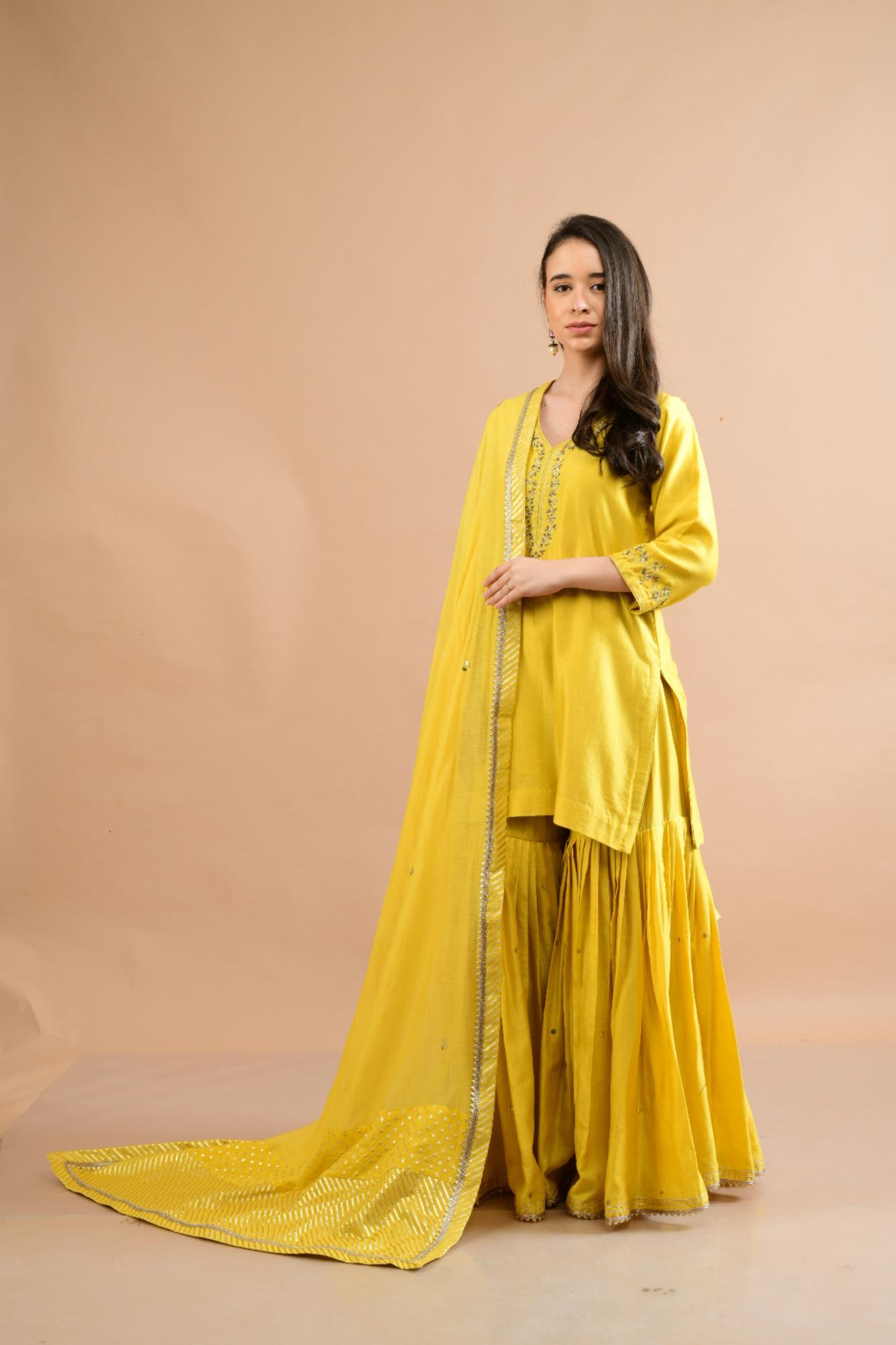 MUSTARD YELLOW CHANDERI SHARARA SET OF 3