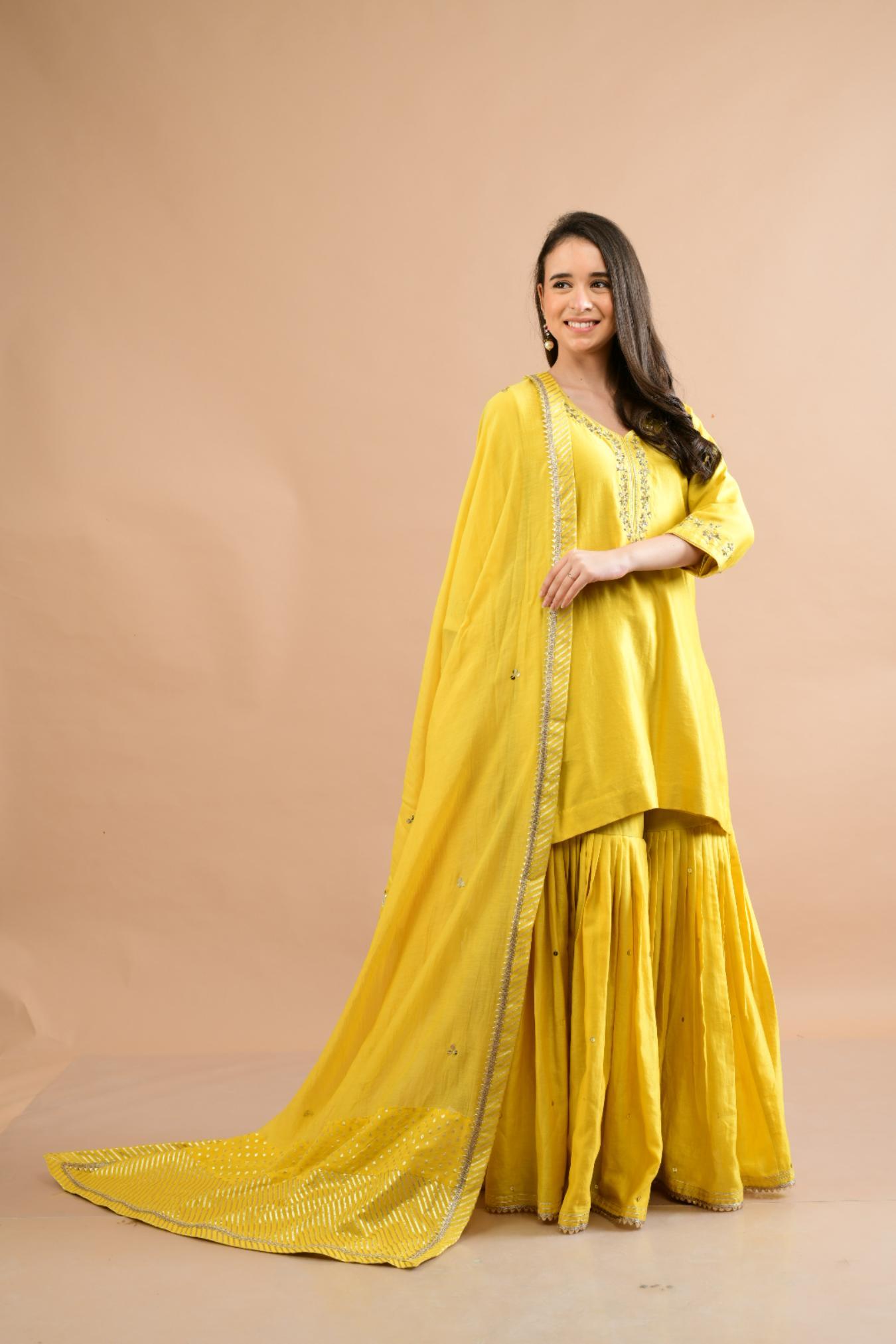 MUSTARD YELLOW CHANDERI SHARARA SET OF 3