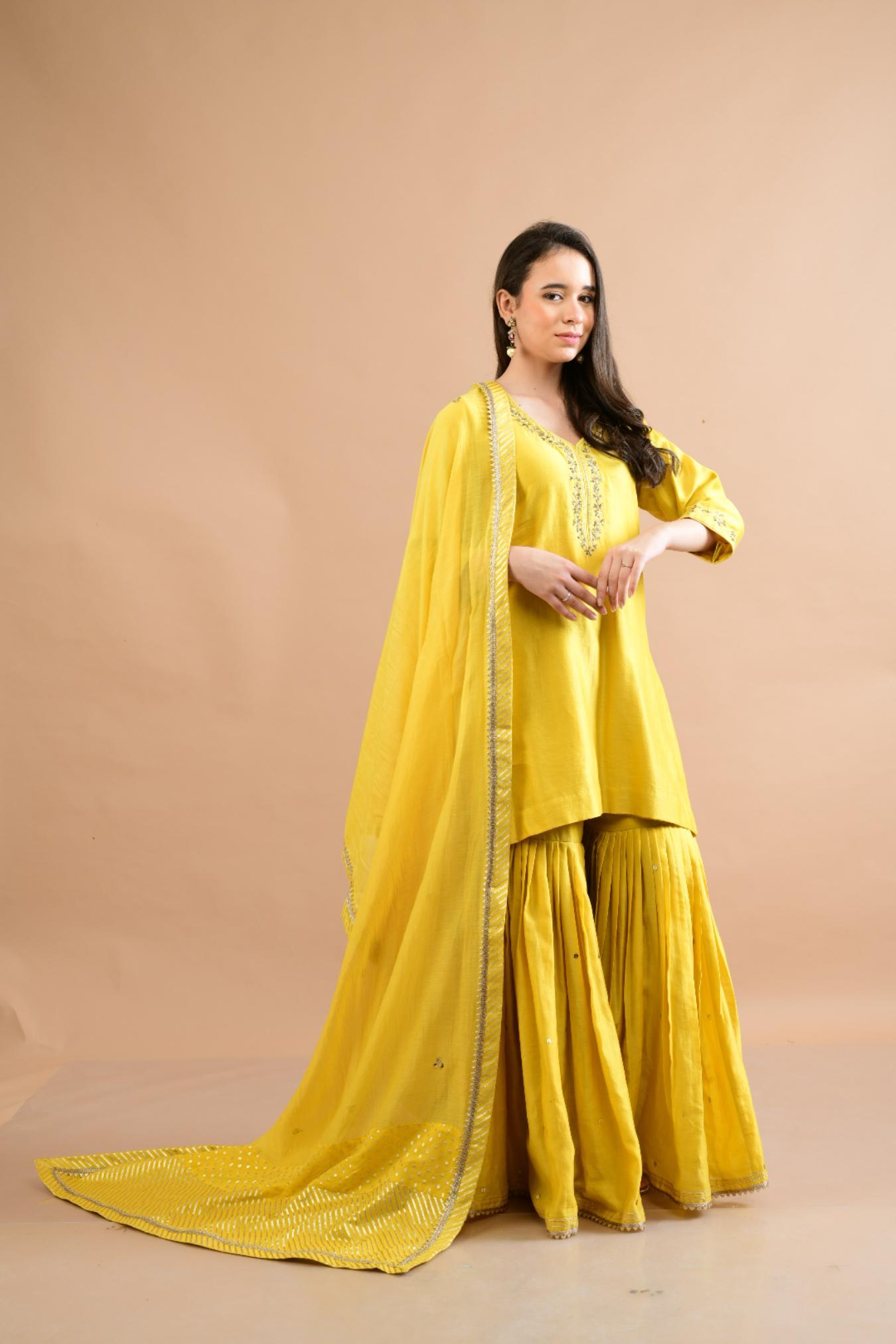 MUSTARD YELLOW CHANDERI SHARARA SET OF 3