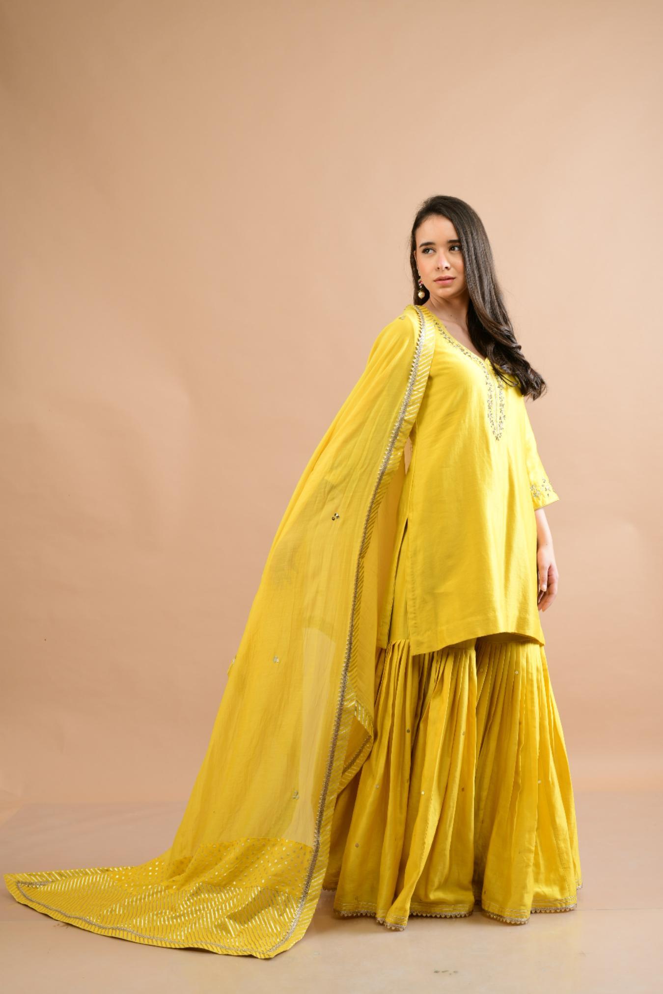 MUSTARD YELLOW CHANDERI SHARARA SET OF 3