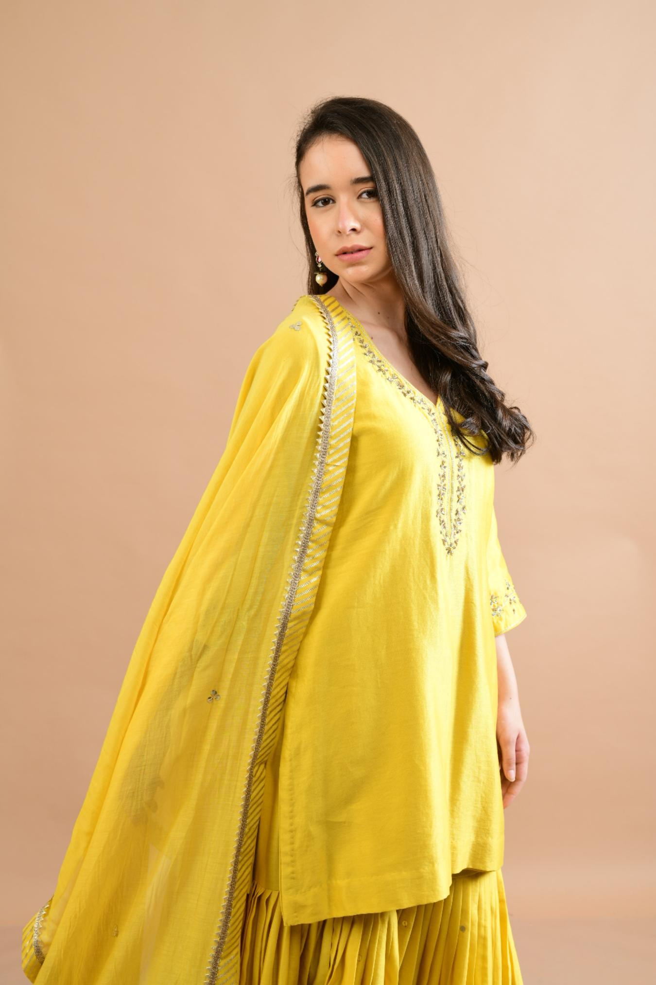 MUSTARD YELLOW CHANDERI SHARARA SET OF 3