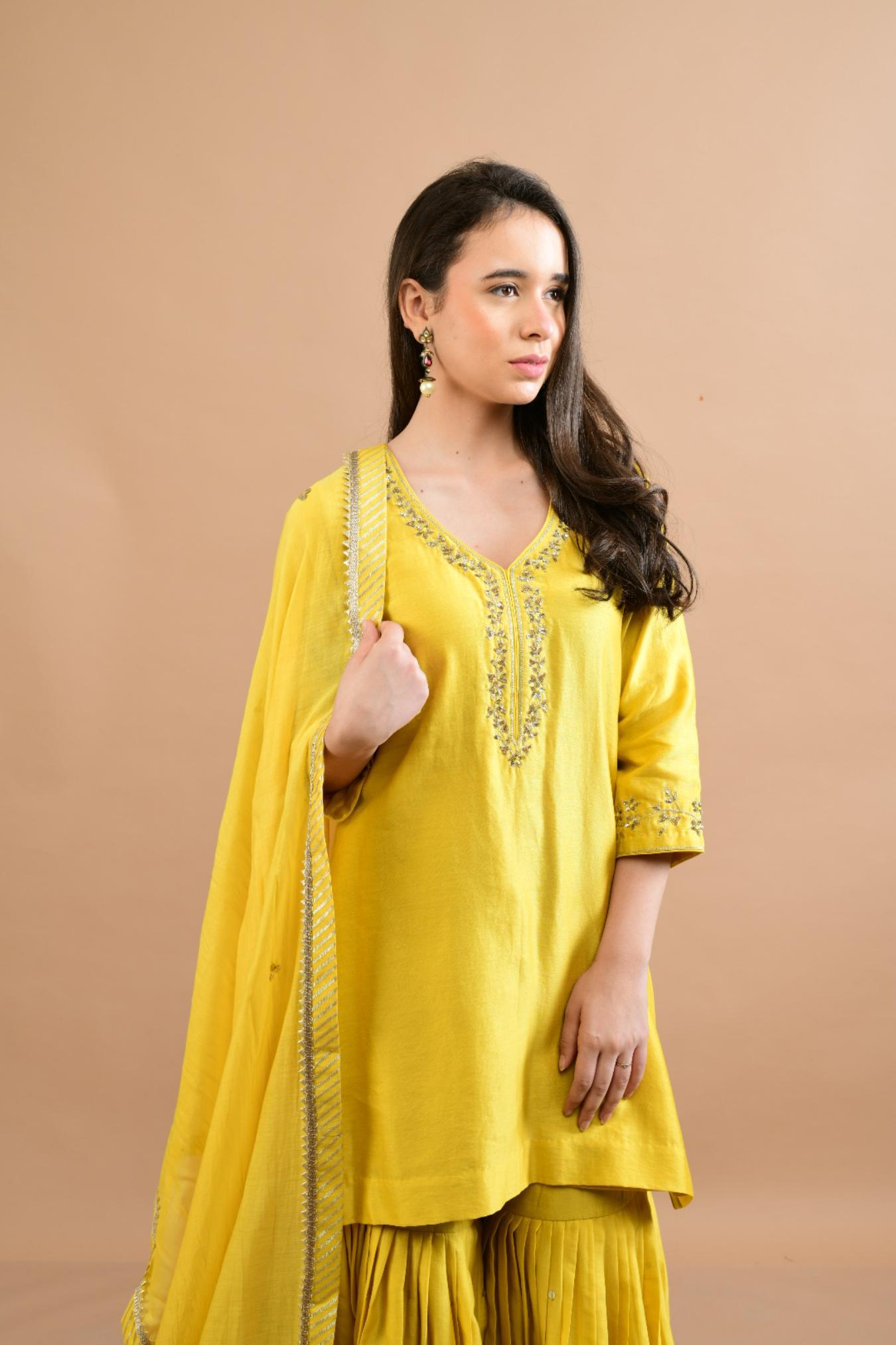 MUSTARD YELLOW CHANDERI SHARARA SET OF 3
