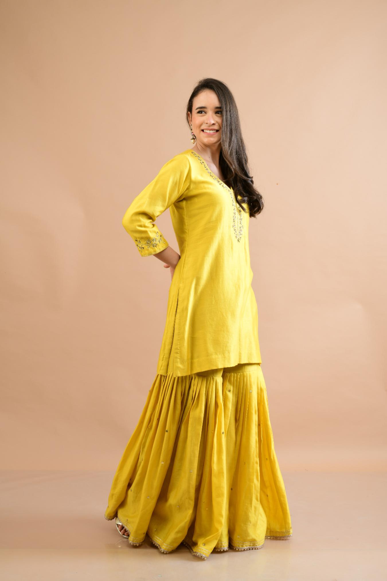 MUSTARD YELLOW CHANDERI SHARARA SET OF 3