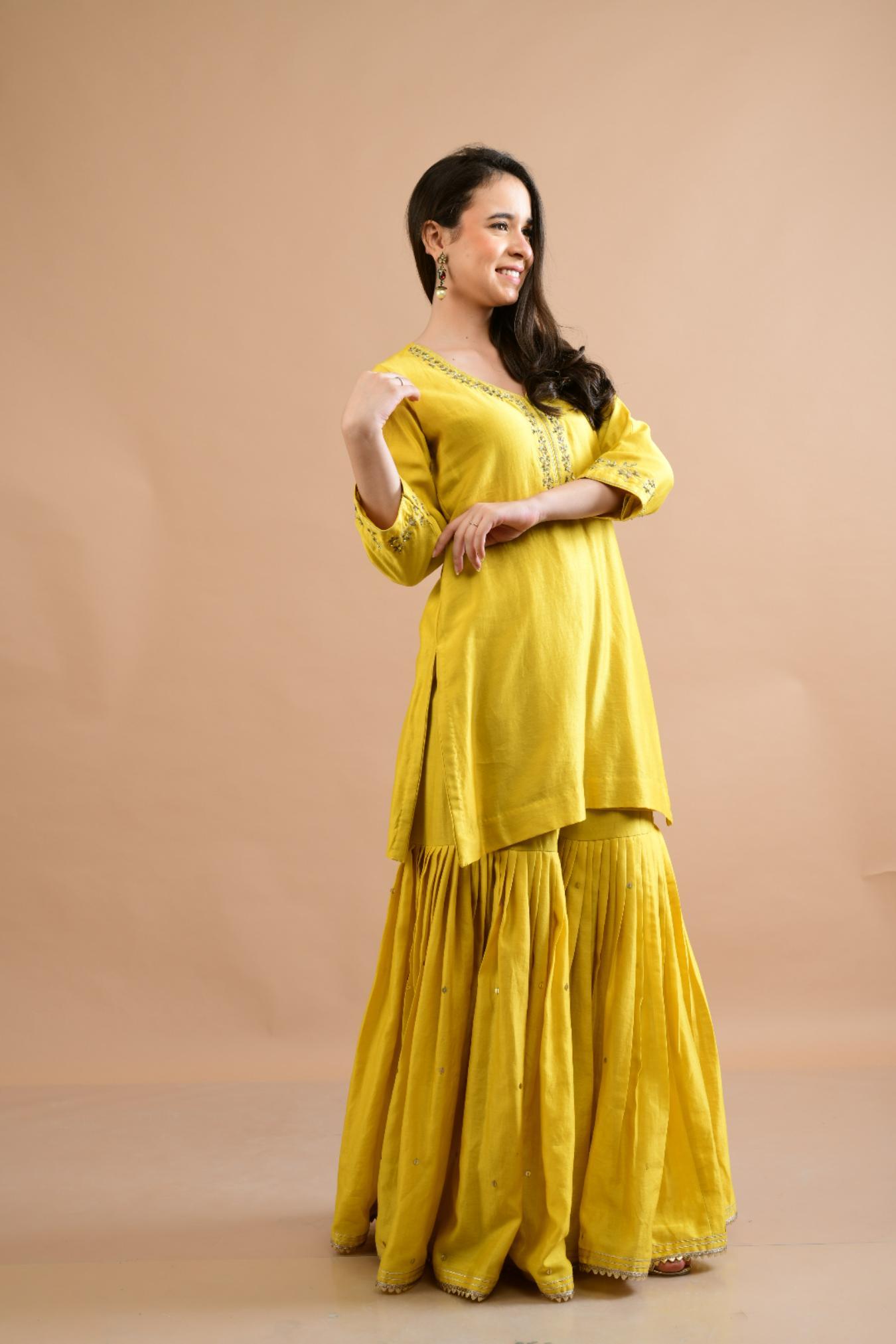 MUSTARD YELLOW CHANDERI SHARARA SET OF 3
