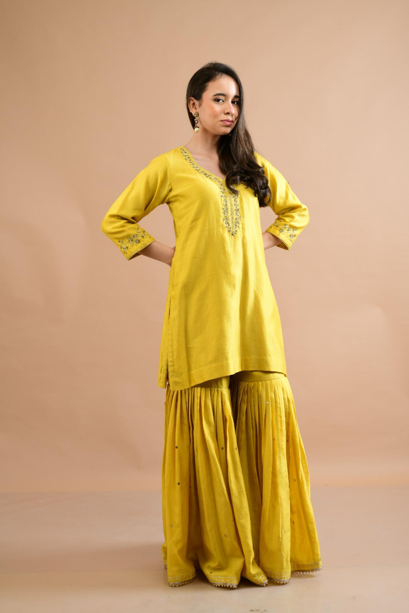 MUSTARD YELLOW CHANDERI SHARARA SET OF 3