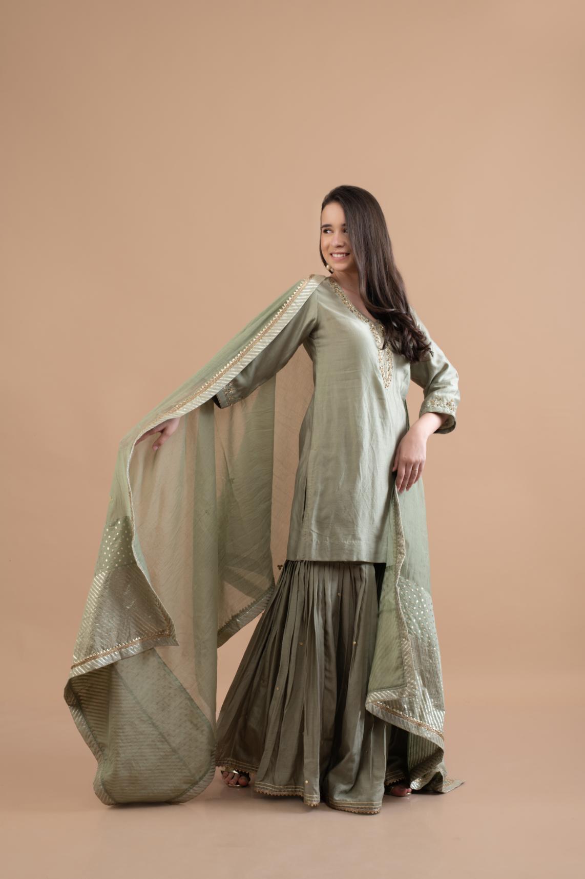 SAGE GREEN CHANDERI SHARARA SET OF 3