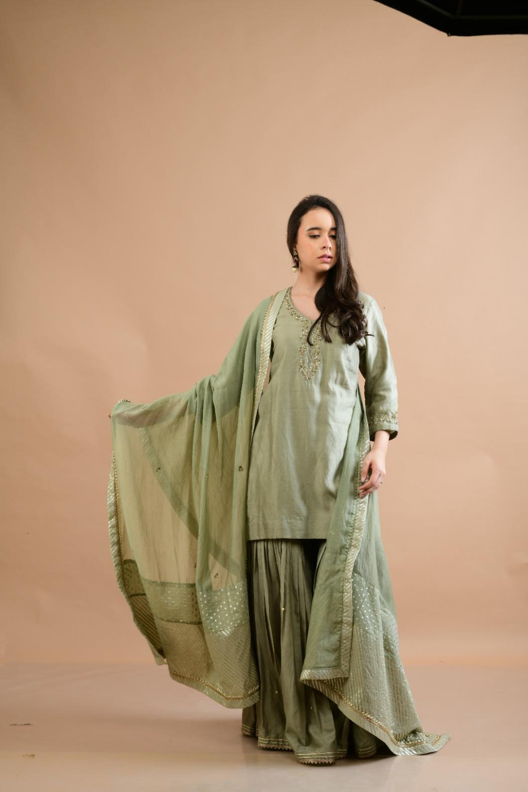 SAGE GREEN CHANDERI SHARARA SET OF 3