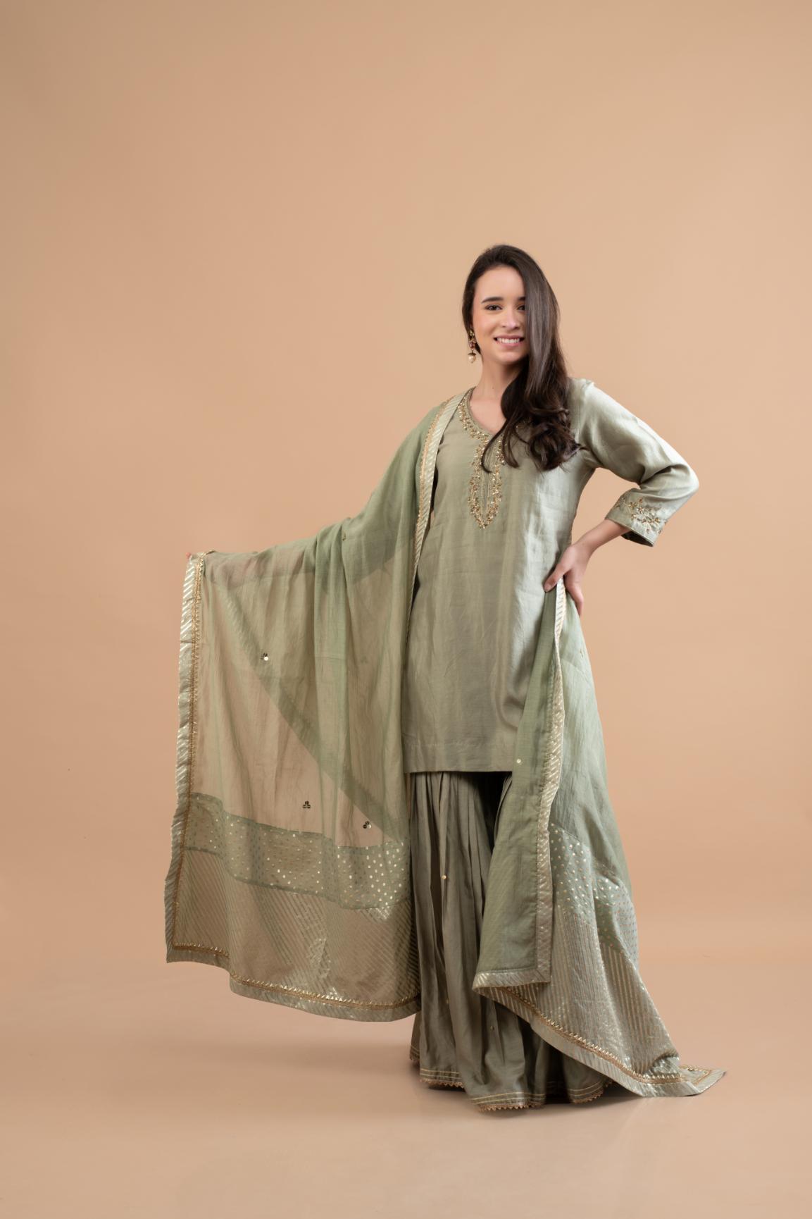 SAGE GREEN CHANDERI SHARARA SET OF 3