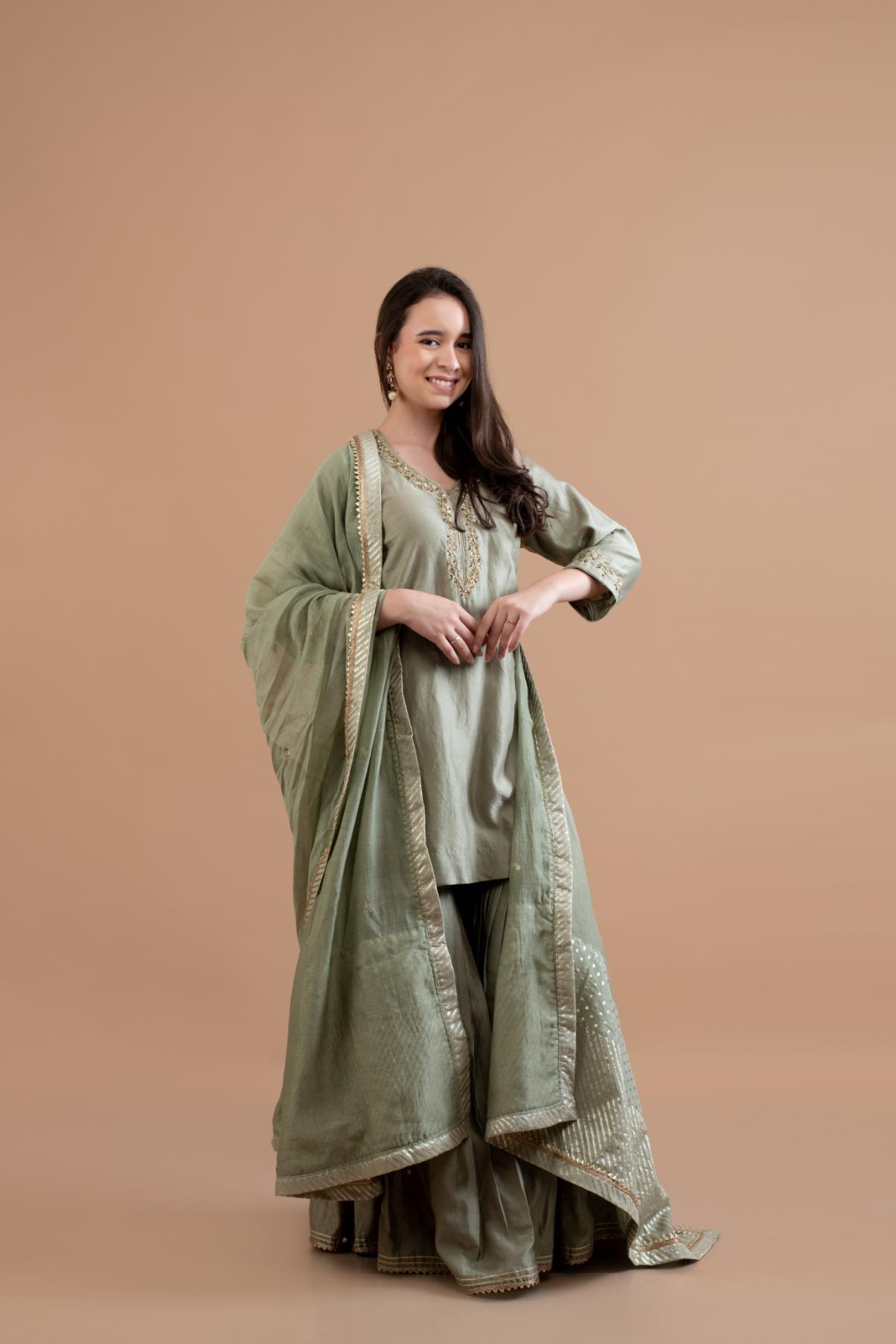 SAGE GREEN CHANDERI SHARARA SET OF 3