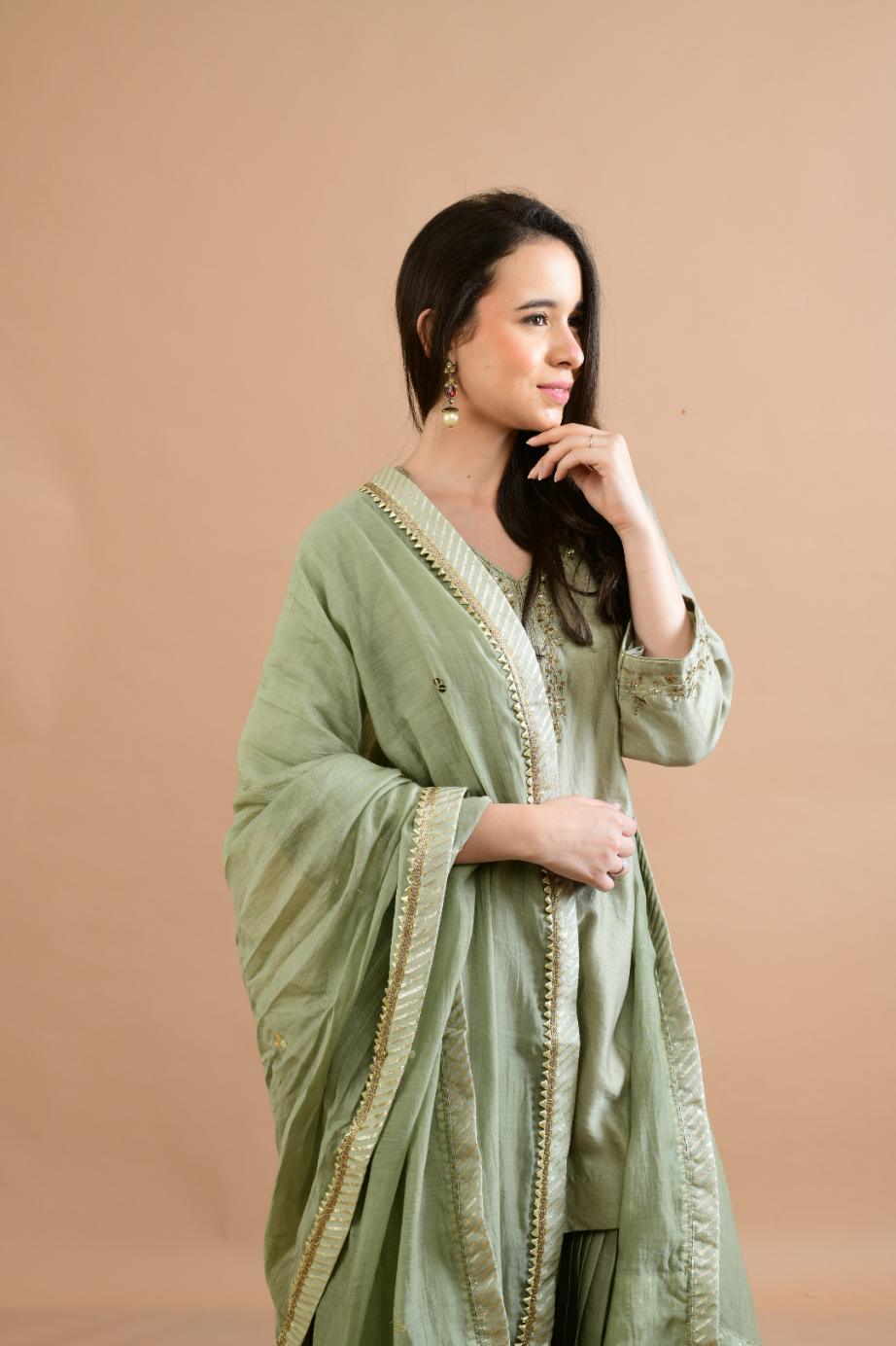 SAGE GREEN CHANDERI SHARARA SET OF 3