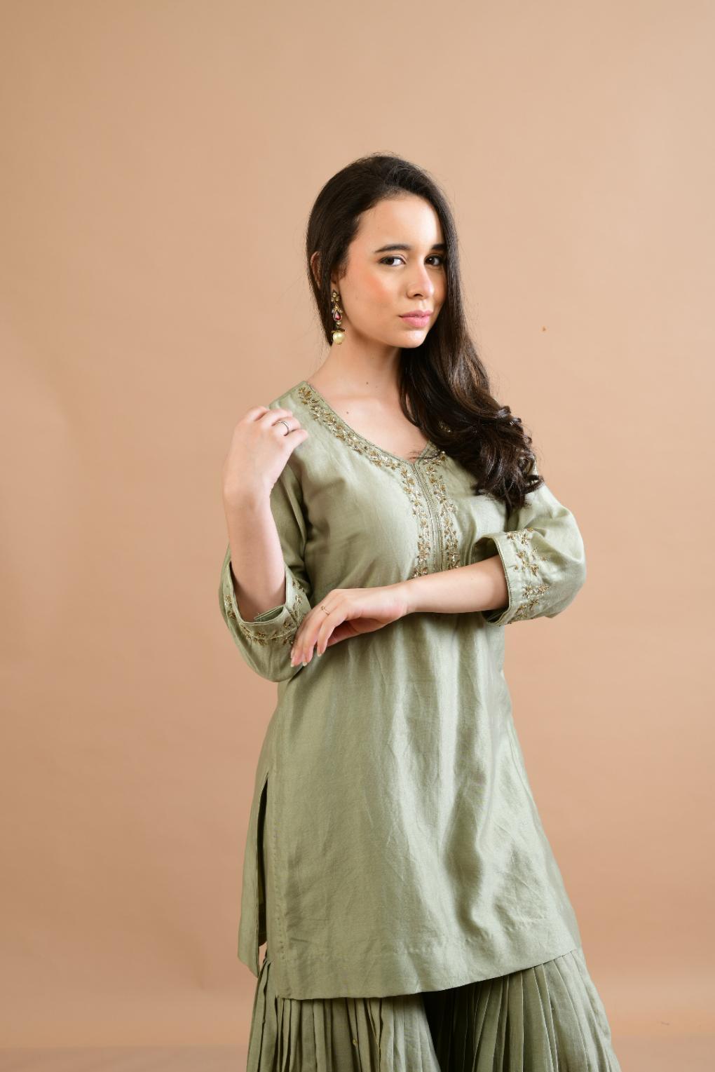 SAGE GREEN CHANDERI SHARARA SET OF 3