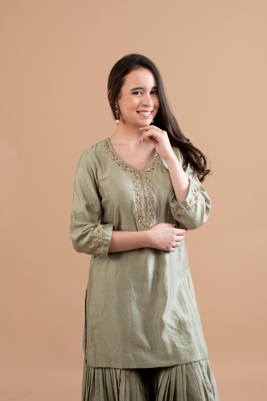 SAGE GREEN CHANDERI SHARARA SET OF 3