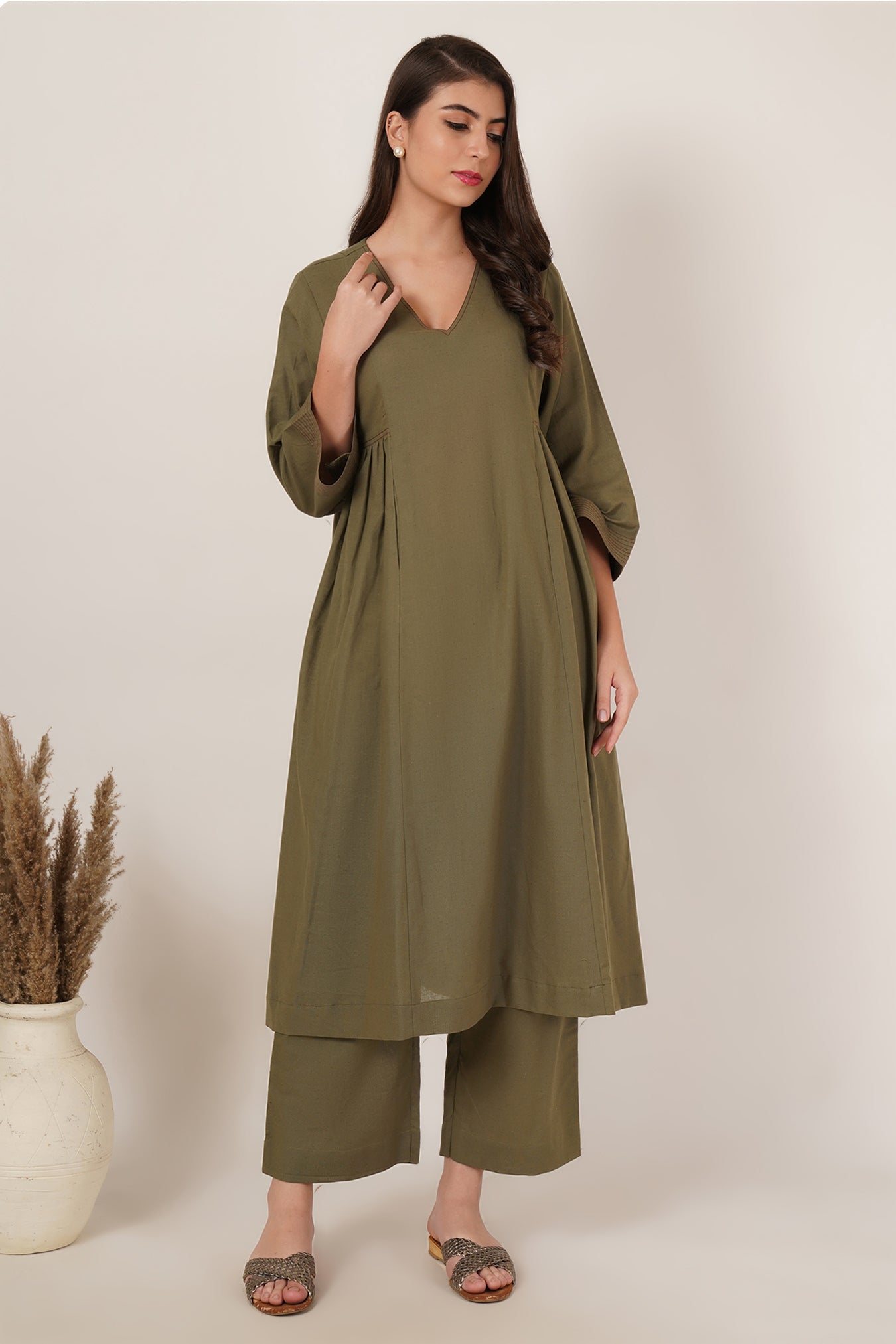 Army Green Kurta Co-Ord Set Of 2