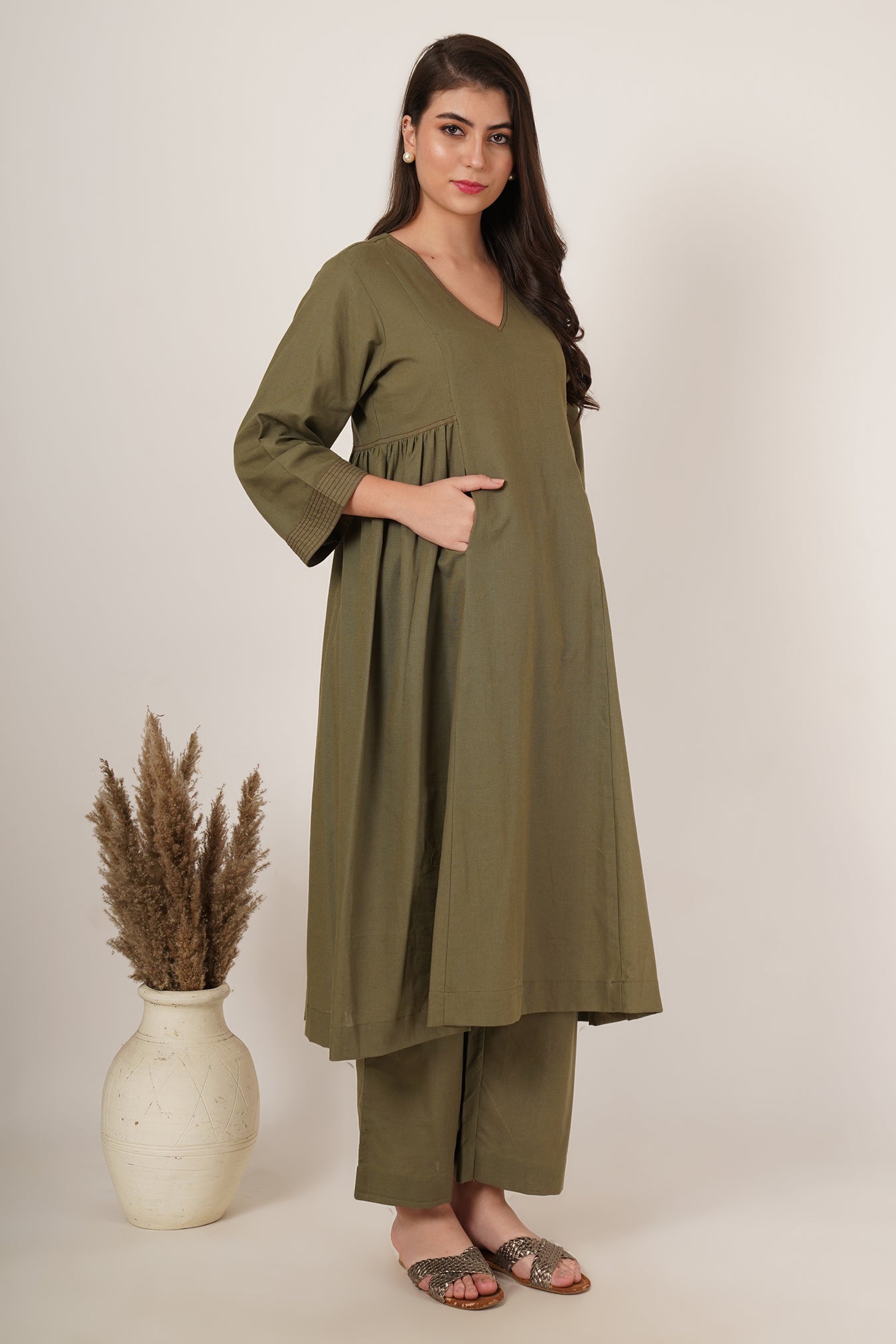 Army Green Kurta Co-Ord Set Of 2