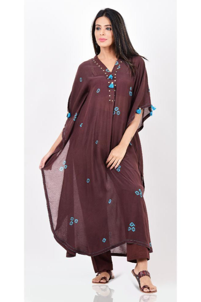 Brown Turquoise Bandhani Kaftan Set of 2