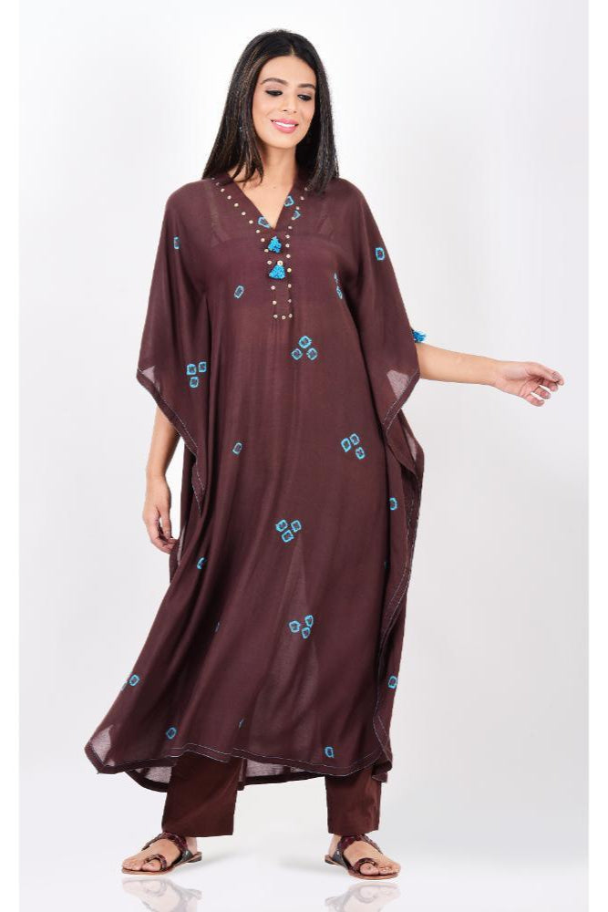 Brown Turquoise Bandhani Kaftan Set of 2