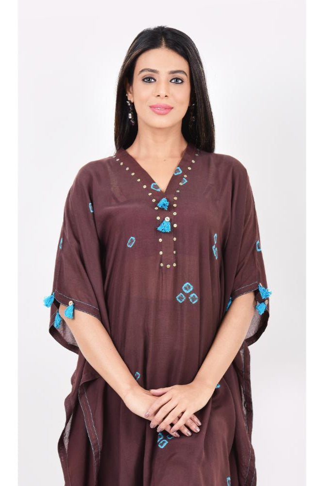 Brown Turquoise Bandhani Kaftan Set of 2