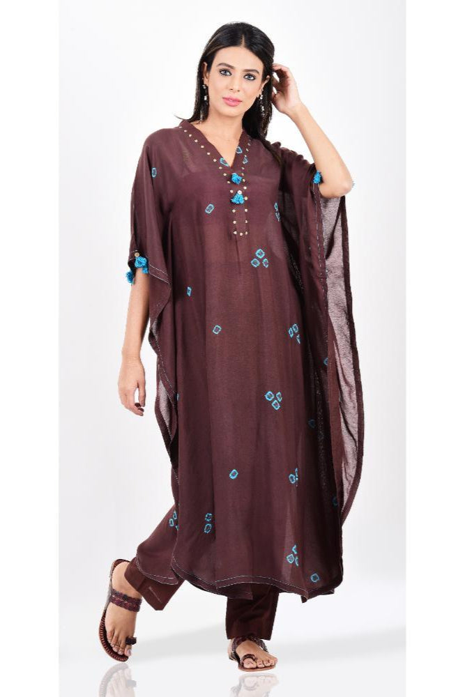 Brown Turquoise Bandhani Kaftan Set of 2