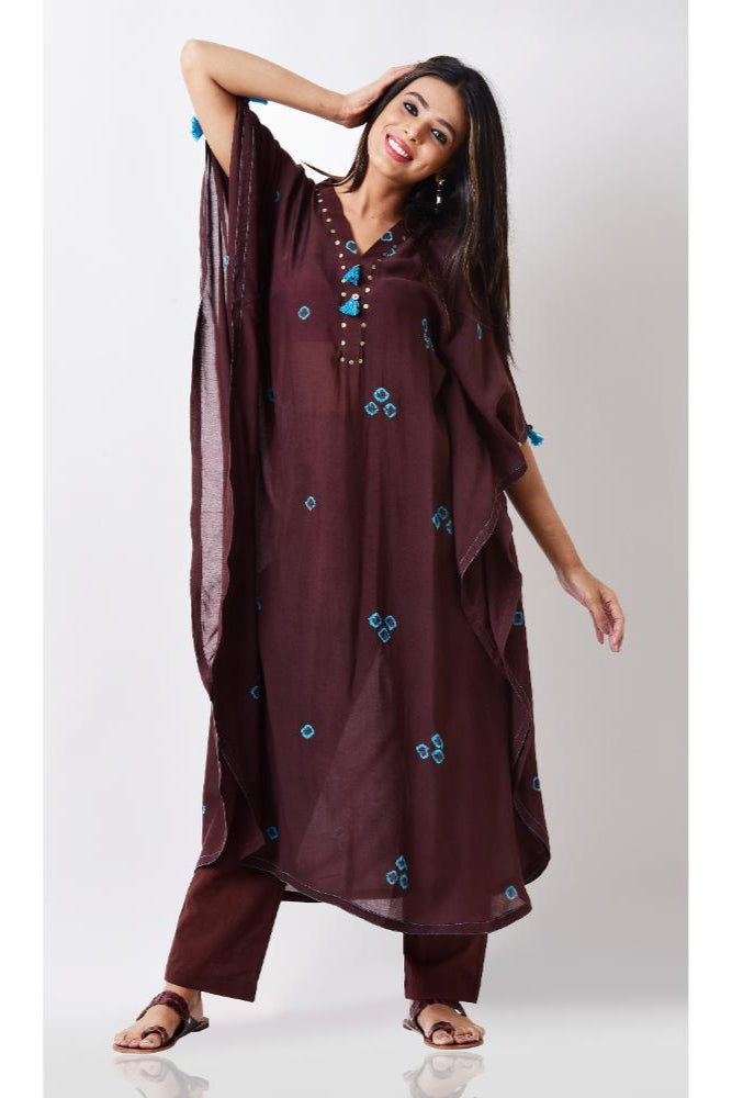Brown Turquoise Bandhani Kaftan Set of 2