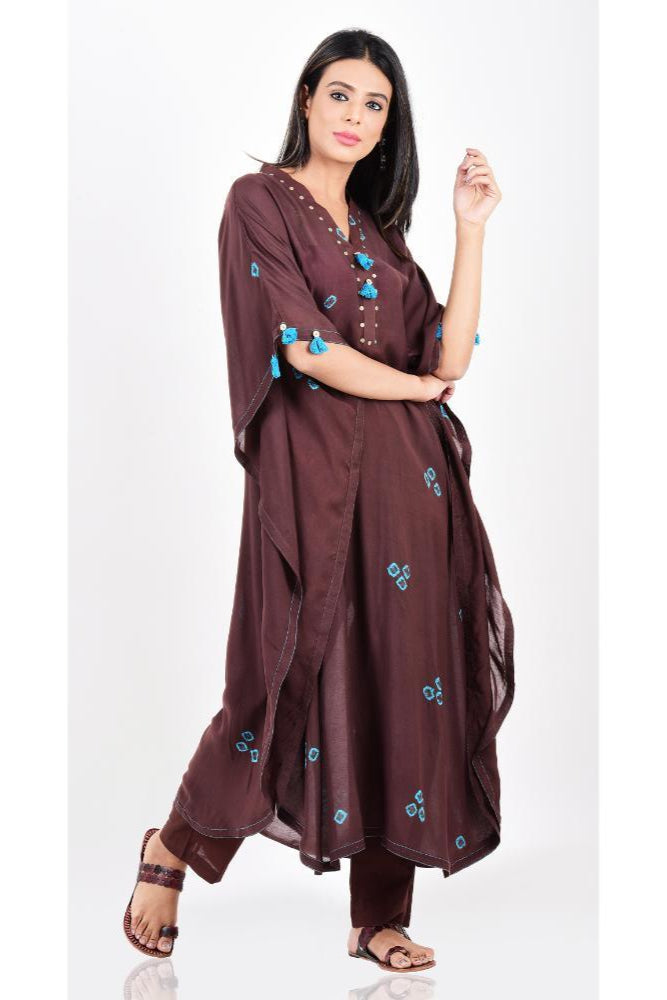 Brown Turquoise Bandhani Kaftan Set of 2