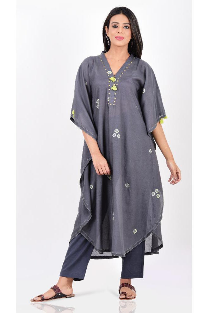 Grey Lime Green Bandhani Kaftan Set of 2