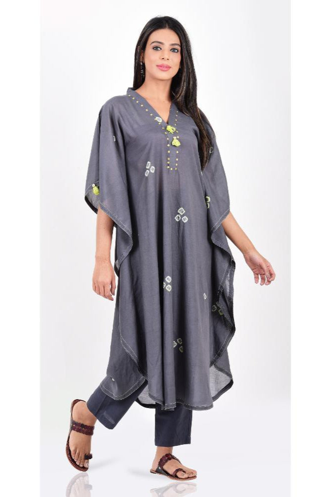 Grey Lime Green Bandhani Kaftan Set of 2