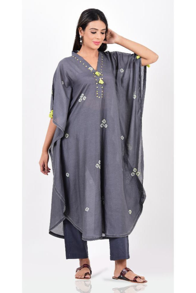 Grey Lime Green Bandhani Kaftan Set of 2