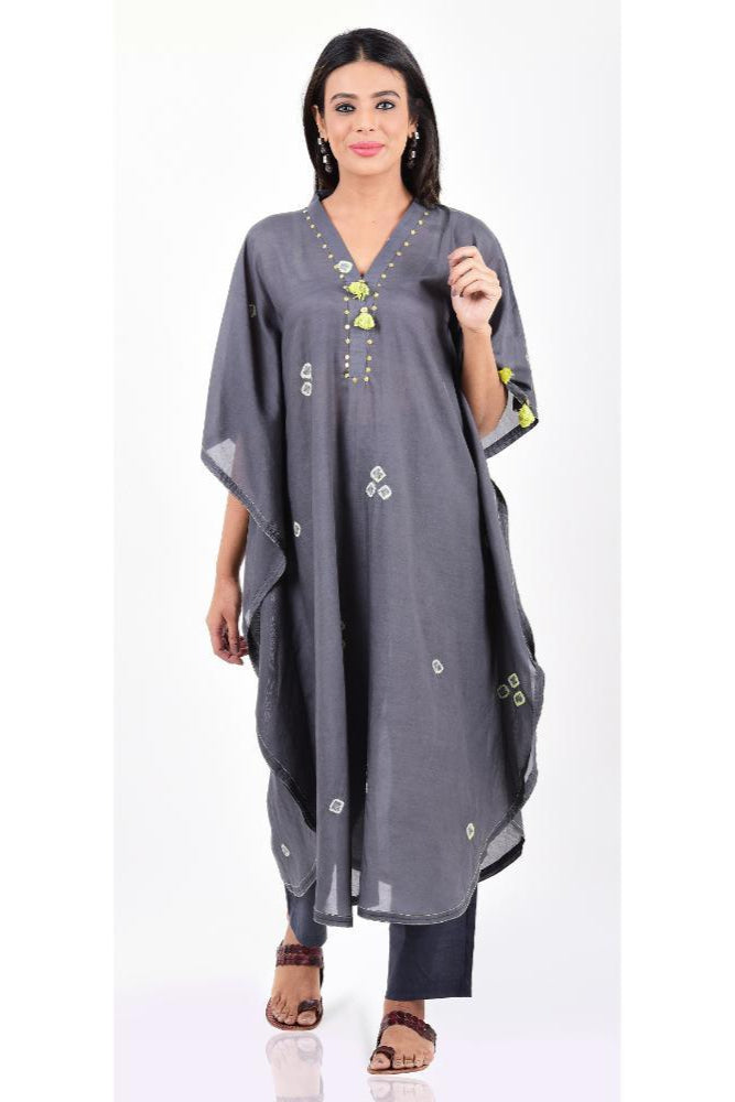 Grey Lime Green Bandhani Kaftan Set of 2