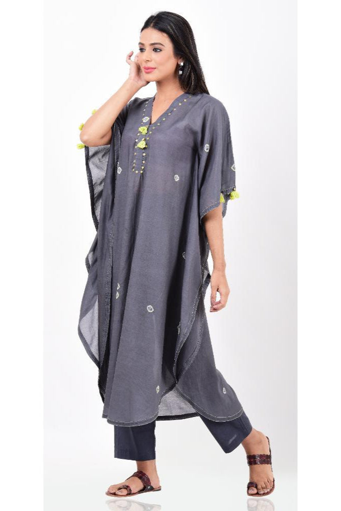 Grey Lime Green Bandhani Kaftan Set of 2
