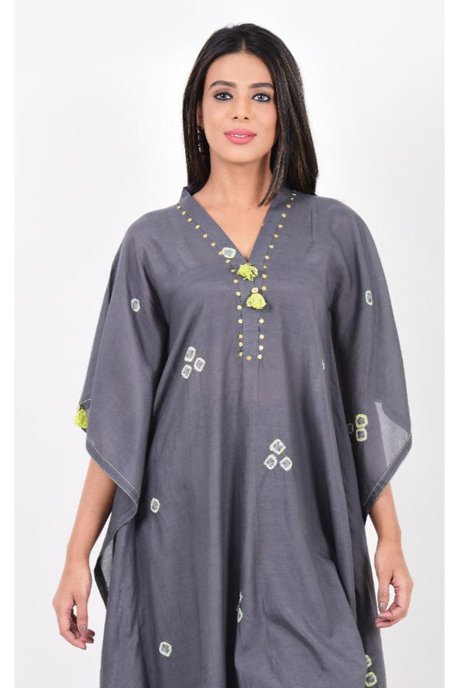 Grey Lime Green Bandhani Kaftan Set of 2