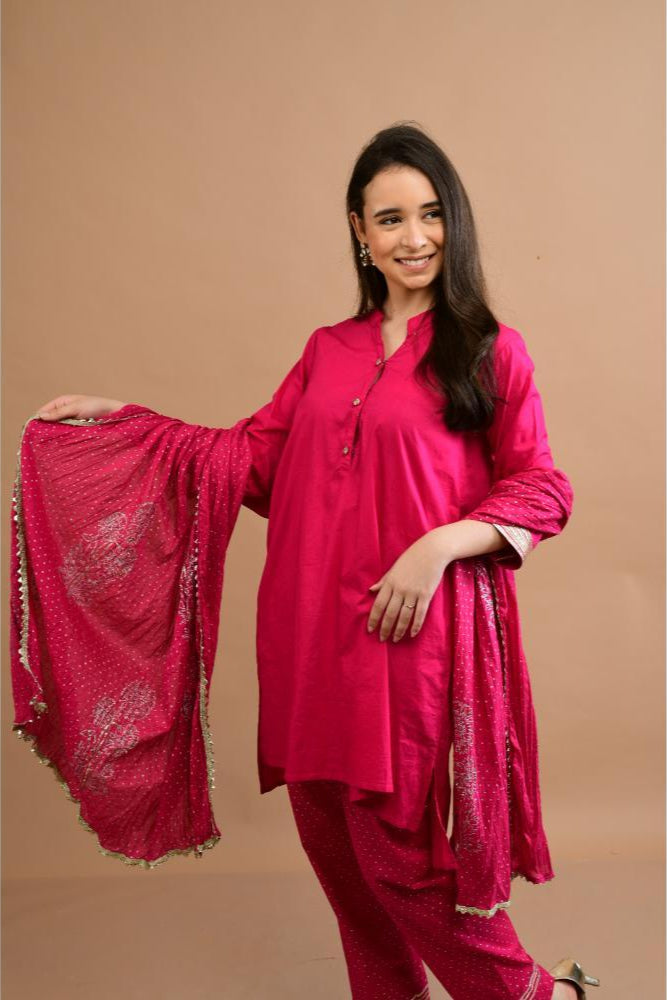 Pink Gota and block printed Tunic Set of 3