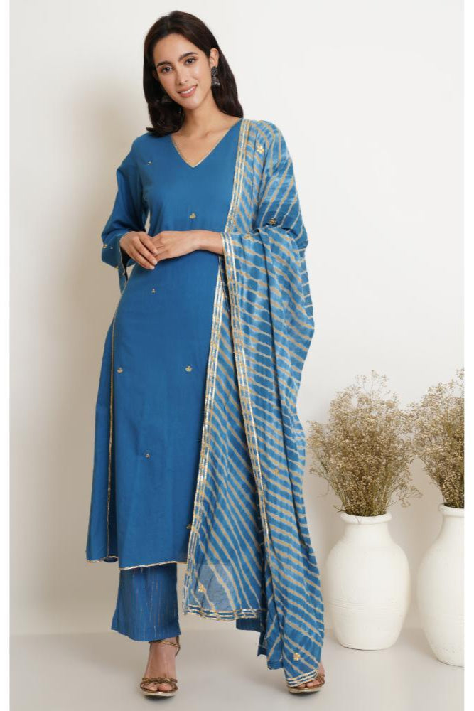 Blue Gota Kurta set of 2 with Lehariya Dupatta