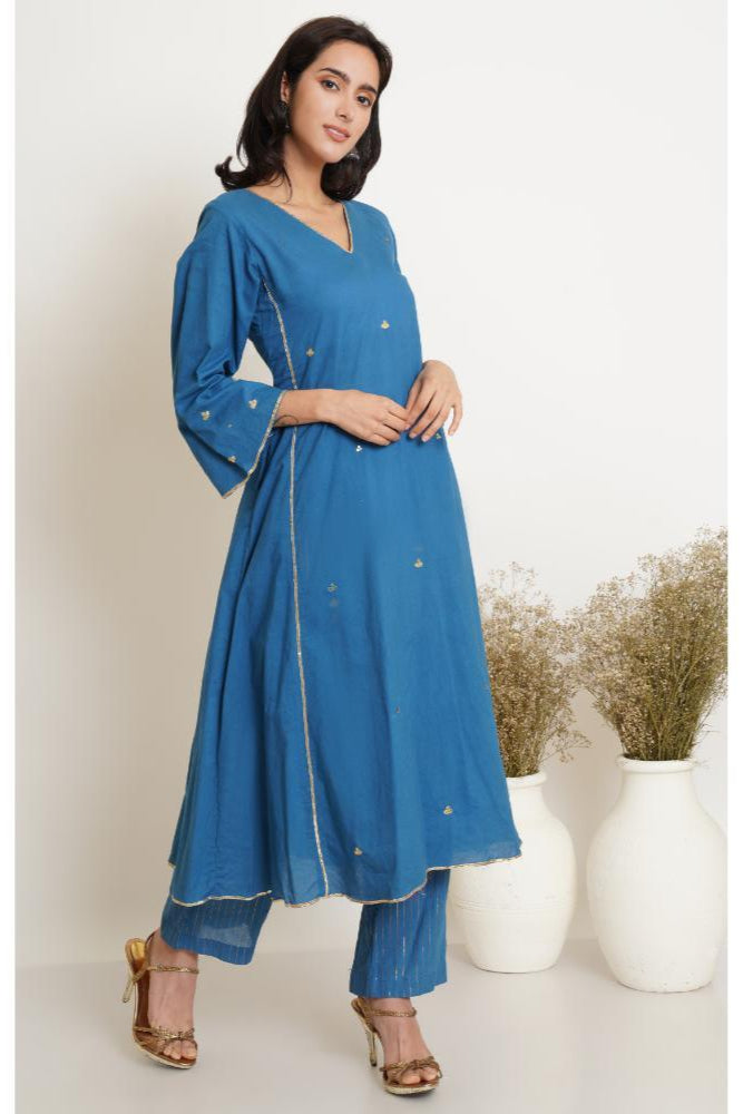 Blue Gota Kurta set of 2 with Lehariya Dupatta