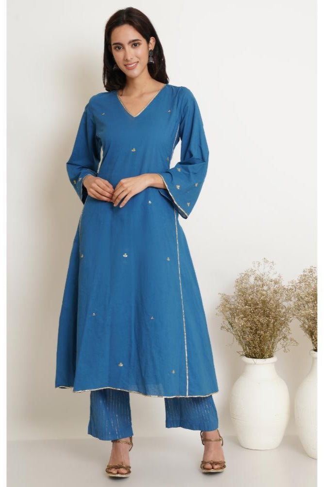 Blue Gota Kurta set of 2 with Lehariya Dupatta