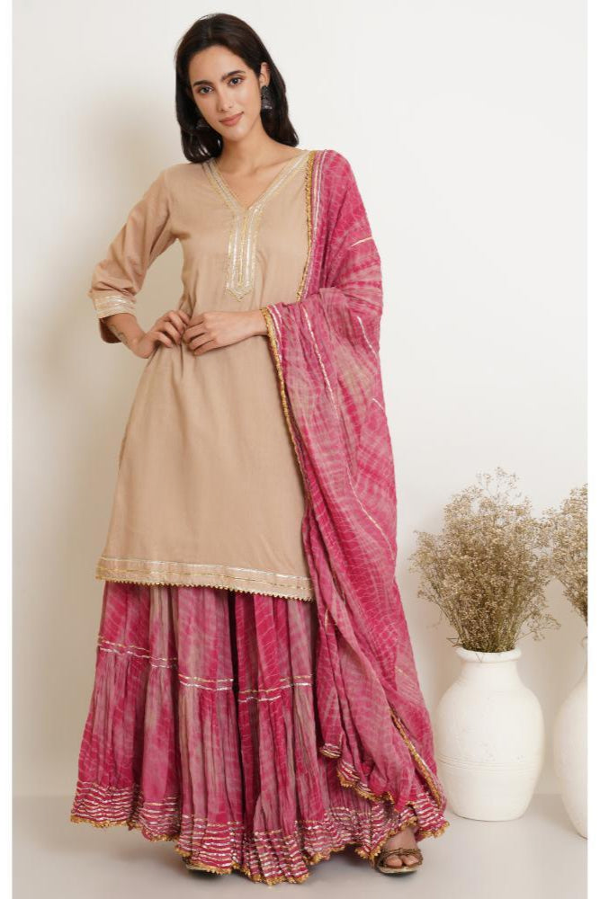 Beige Pink Tie Dye Gharara SET OF 3